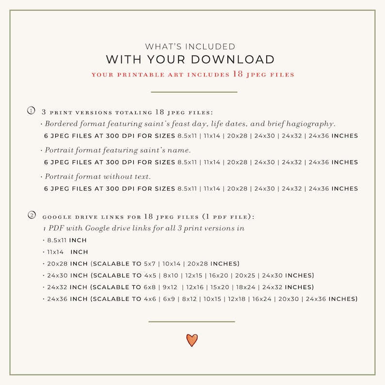 Puede incluir: Descripci&oacute;n de un producto de descarga digital beige con el texto "WHAT'S INCLUDED WITH YOUR DOWNLOAD". Incluye 18 archivos JPEG en varios tama&ntilde;os, incluyendo 21,6x28cm, 28x35,6cm, 50,8x71,1cm, 61x76cm, 61x81cm y 61x91cm. La descarga tambi&eacute;n incluye enlaces de Google Drive.