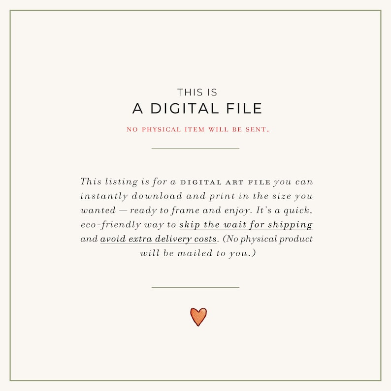 Puede incluir: Anuncio de archivo de arte digital color crema con texto: "ESTO ES UN ARCHIVO DIGITAL" y "NO SE ENVIAR&Aacute; NING&Uacute;N ART&Iacute;CULO F&Iacute;SICO". La descripci&oacute;n explica que el archivo de arte digital est&aacute; listo para enmarcar y disfrutar.