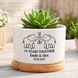 Bloempot met olifantmotief voor het 14-jarig jubileum, gepersonaliseerde bloempot met naam en datum, romantisch huwelijksjubileumcadeau voor man of vrouw