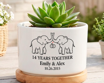 Bloempot met olifantmotief voor het 14-jarig jubileum, gepersonaliseerde bloempot met naam en datum, romantisch huwelijksjubileumcadeau voor man of vrouw