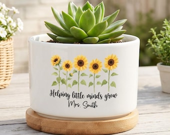 Personalized Teacher Planter for Appreciation Gift, Back to School, Sunflower Ceramic Plant Pot Custom Name Classroom Decor