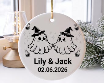 Adorno personalizado de pareja de fantasmas, regalo de aniversario personalizado, recuerdo espeluznante de pareja para Halloween, decoración de árbol de Navidad con fantasmas