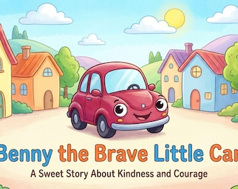 May include: A children's book illustration featuring a smiling red car named Benny in a town setting. The title "Benny the Brave Little Car" is displayed, along with the subtitle "A Sweet Story About Kindness and Courage."