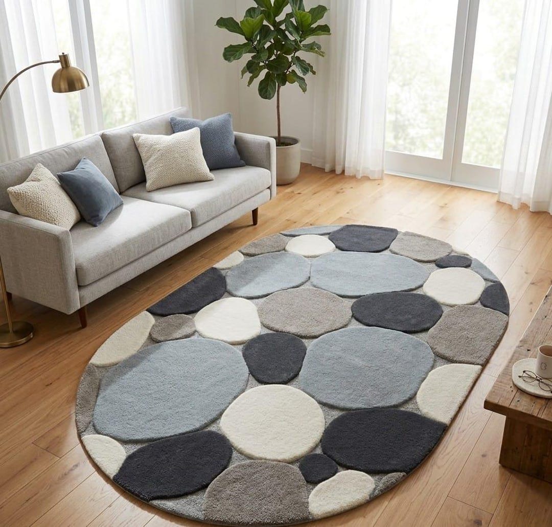 Hand Tufted Wool Rug, Modern Pebble Design Rug, Neutral Round Area Rug ...