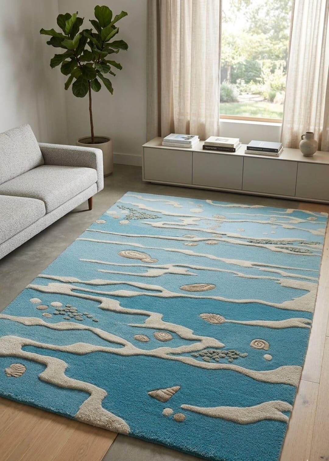 Hand Tufted Wool Rug, Ocean Wave Design Rug, Blue Coastal Area Rug ...