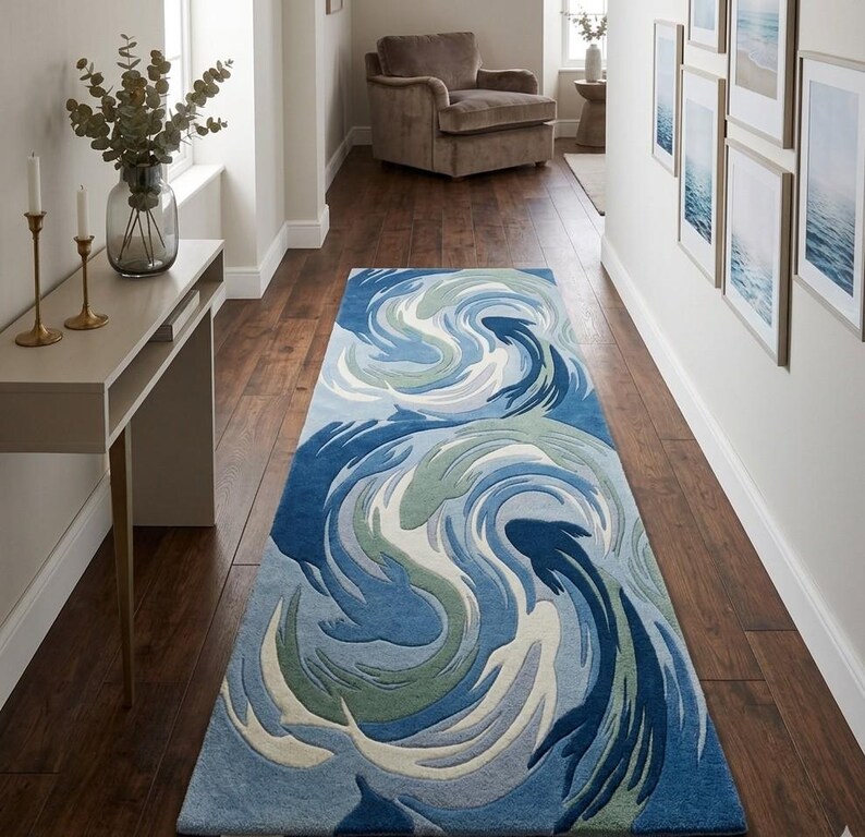 Hand Tufted Wool Wave Rug, Abstract Ocean Area Rug, Modern Blue Carpet ...