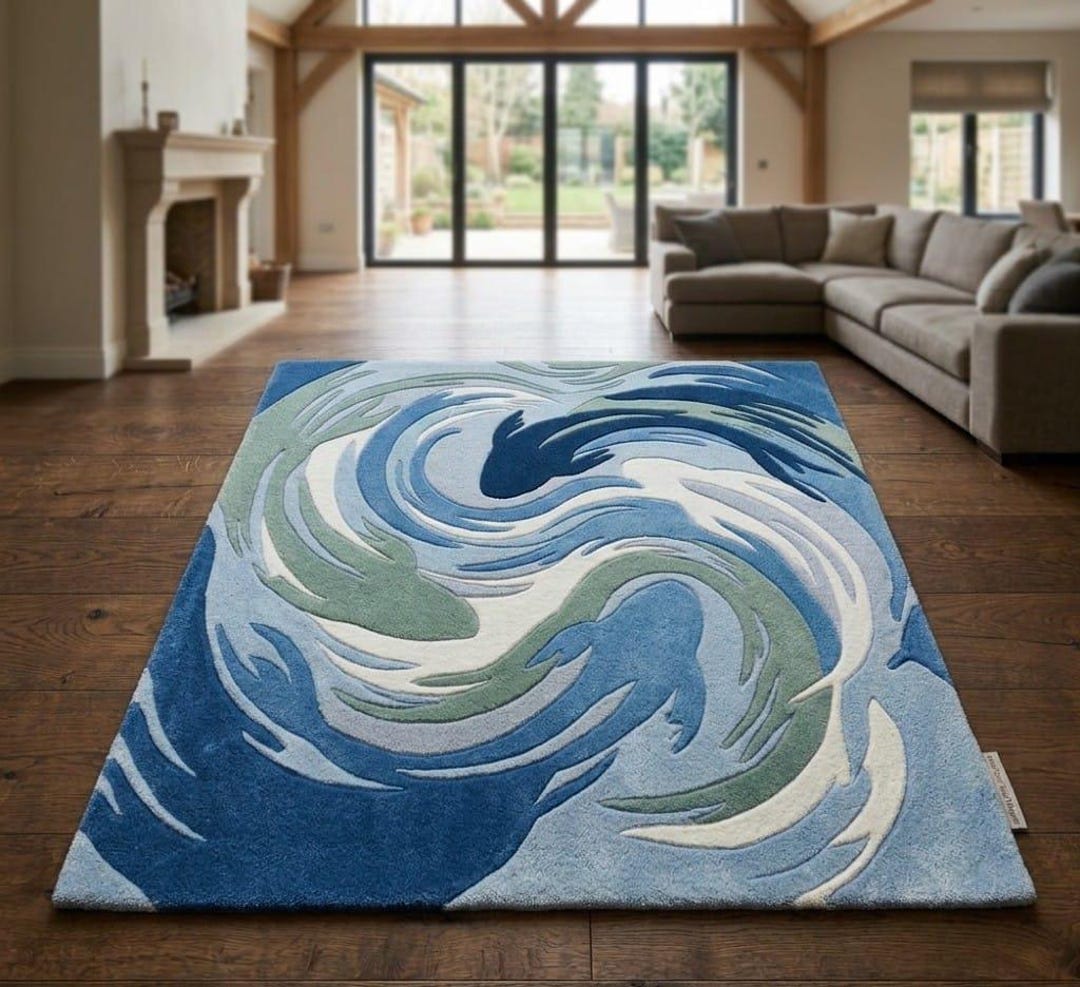 Wool Wave Rug Hand Tufted Wool Wave Rug, Abstract Ocean Area Rug, Modern Blue Carpet ...