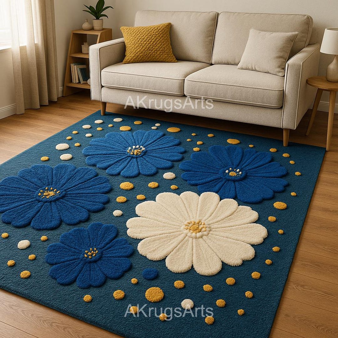 Blue Floral Wool Area Rug, Handmade Daisy Botanical Carpet, Modern ...