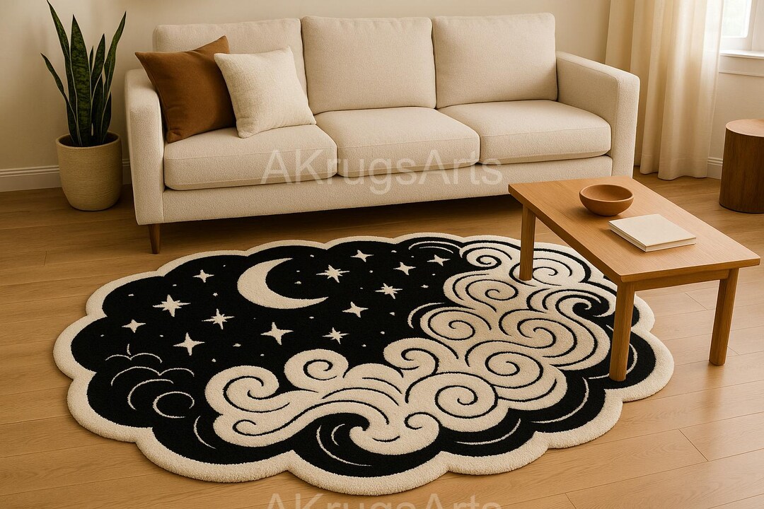 Hand Tufted Wool Moon Rug, Cloud Shape Area Rug, Black White Star Rug ...