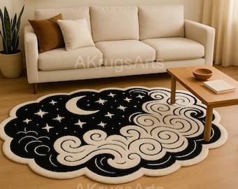 Hand Tufted Wool Moon Rug, Cloud Shape Area Rug, Black White Star Rug, Aesthetic Celestial Rug, Handmade Custom Kids Room Decor Rug