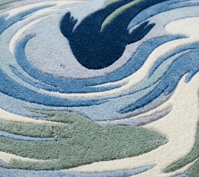 Wool Wave Rug Hand Tufted Wool Wave Rug, Abstract Ocean Area Rug, Modern Blue Carpet ...
