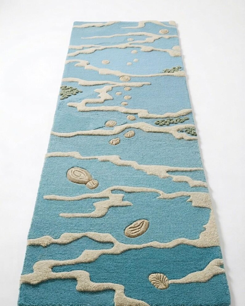 Hand Tufted Wool Rug, Ocean Wave Design Rug, Blue Coastal Area Rug ...