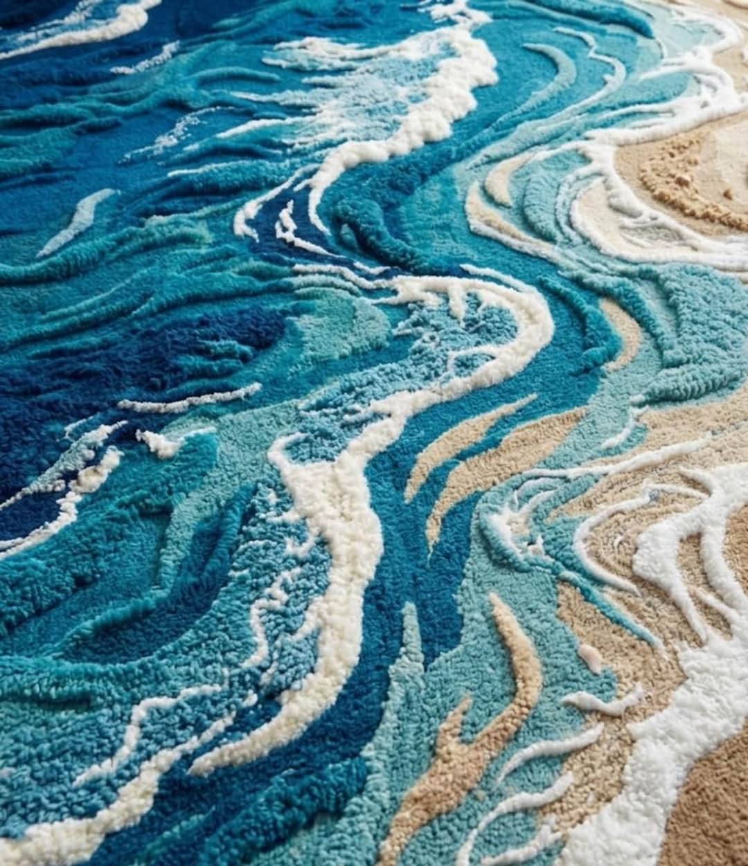 Wool Wave Rug Hand Tufted Wool Ocean Wave Rug, Coastal Beach Area Rug, Abstract Sea ...