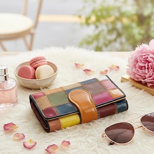 Portefeuille en cuir patchwork fait main - Pochette bohème colorée