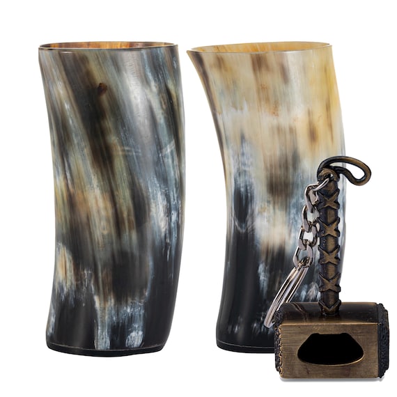 Viking Drinking Horn Mug Set – Natural Ox Horn Cup with Opener
