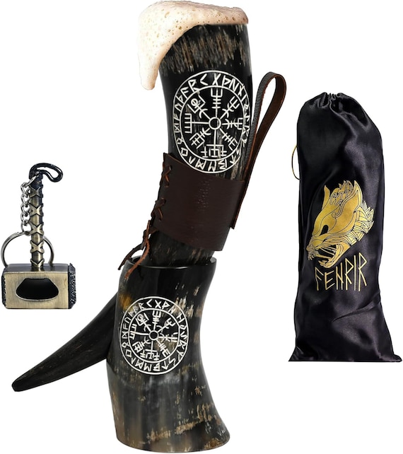 FENRIR Viking Drinking Horn With Stand 16 oz Natural Ox Horn Cup with Thor Bottle Opener & Leather Holster (Compass Natural Polished)