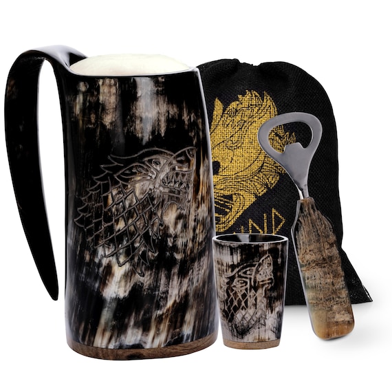Handmade Viking Drinking Horn Mug Set – Wolf Design, Shot Glass & Opener