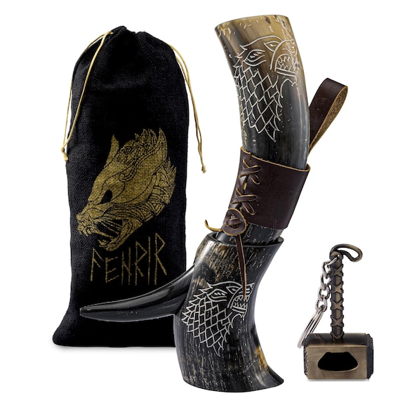 FENRIR Viking Drinking Horn Set: Natural Ox Horn Cup with Stand & Thor Opener