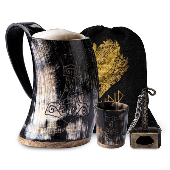 Viking Drinking Horn Mug Set: Handmade Ox Horn Cup, Shot Glass & Opener