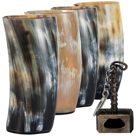 Viking Drinking Horn Mug Set – Natural Ox Horn Beer Stein with Opener