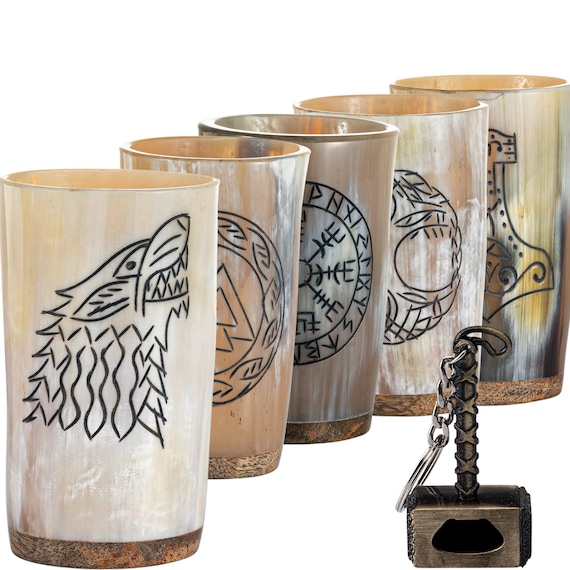 Viking Drinking Horn Mug Set – Natural Ox Horn Cups with Thor Opener