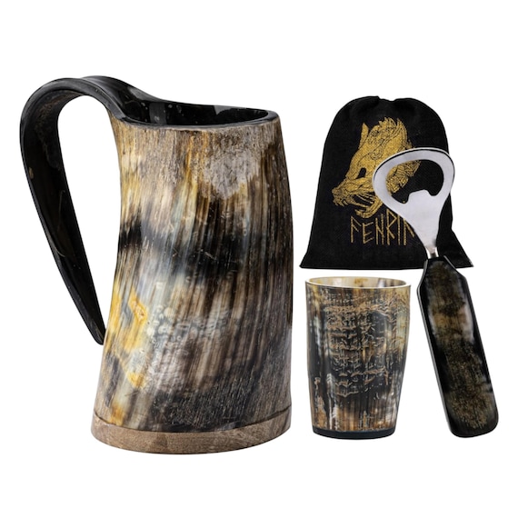 FENRIR Viking Drinking Horn Mug Set, Beer Ale Mead Gift