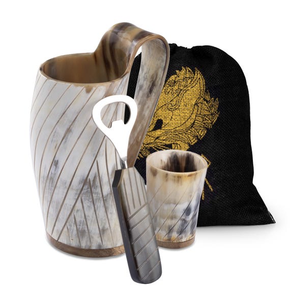 Viking Ox Horn Mug Set: Ale, Mead, Beer + Shot Glass & Opener
