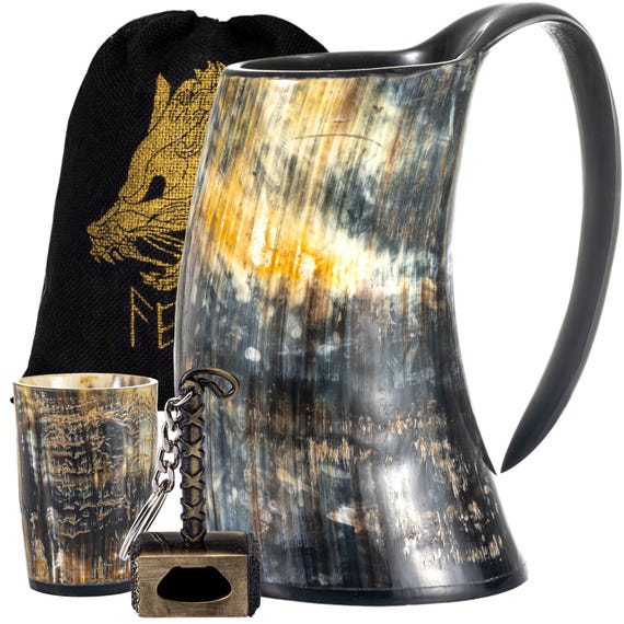 Handmade Viking Drinking Horn Mug Set – 16 oz Beer Tankard with Opener