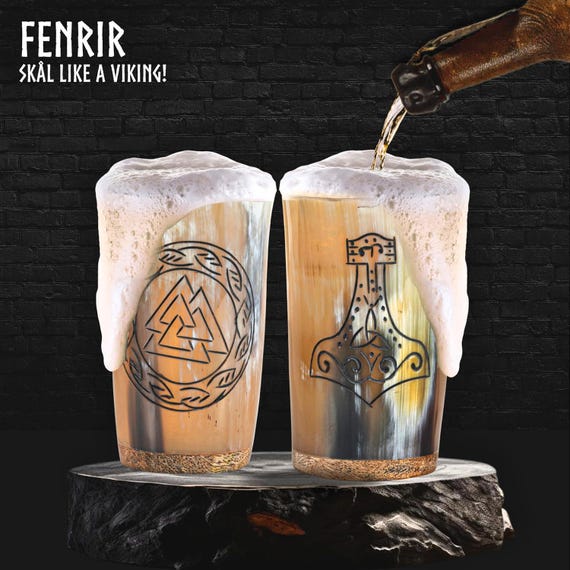 Viking Drinking Horn Mug Set – Natural Ox Horn Cups with Thor Opener