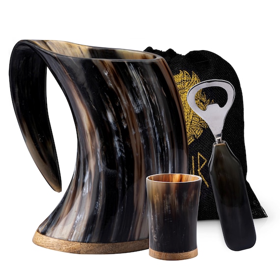 Viking Drinking Horn Mug Set – Authentic Beer Ale Tankard with Shot Glass & Opener