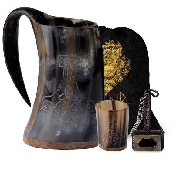Viking Drinking Horn Mug Set - Authentic Beer Ale Tankard, Shot Glass & Bottle Opener