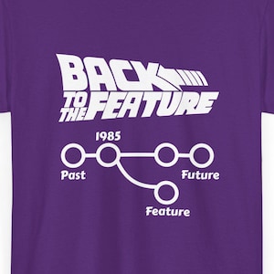 May include: A purple t-shirt with the text "BACK TO THE FEATURE" in white, along with the year "1985" and a diagram with the words "Past," "Future," and "Feature." The shirt has short sleeves and a crew neck.