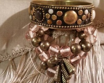 Brass Jewelry Vintage Jewelry Beads Studs Beaded Bracelet Cowgirl Set Hippie Bohemian Bangle Bracelet