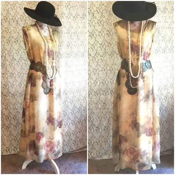 Chiffon Vintage Dress, 80's 90's, Maxi, Long, Retr