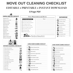 Könnte beinhalten: Eine schwarz-weiß druckbare Umzugs-Checkliste. Die Checkliste enthält Abschnitte für allgemeine Umzugs-, Küchen-, Badezimmer- und Wohnzimmer-Reinigungsaufgaben. Der Text "EDITABLE PRINTABLE INSTANT DOWNLOAD" steht oben.