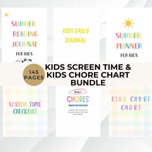 Könnte beinhalten: Ein Bundle aus sechs farbenfrohen, bedruckbaren Seiten für Kinder, darunter ein Sommerlese-Journal, ein tägliches Journal und ein Sommerplaner. Das Bundle enthält auch eine Bildschirmzeit-Checkliste und eine Aufgaben-Tabelle. Das Bundle hat 145 Seiten.
