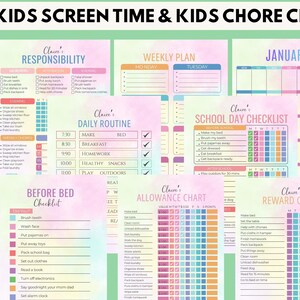 May include: A printable chore chart and screen time planner for kids. The design features colorful pastel backgrounds with sections for daily routines, responsibilities, and rewards. Includes a weekly plan, allowance chart, and school day checklist.