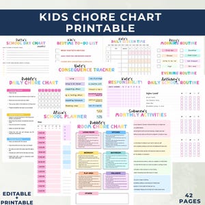 May include: A printable kids chore chart with various sections for daily routines, responsibilities, and school planning. Includes charts for morning and evening routines, daily chores, and a room chore chart. The chart is colorful and editable.