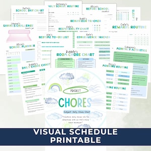 Puede incluir: Una colección de gráficos de programación visual imprimibles para niños, con gráficos de tareas, rutinas escolares y sistemas de recompensas. Los gráficos son de varios colores y diseños, con texto como "Chores" y "Visual Schedule Printable".