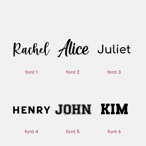 May include: Image featuring six names in different fonts: Rachel, Alice, Juliet, Henry, John, and Kim. Each name is displayed in a unique font style, with the font number labeled below each name. The background is a light gray.