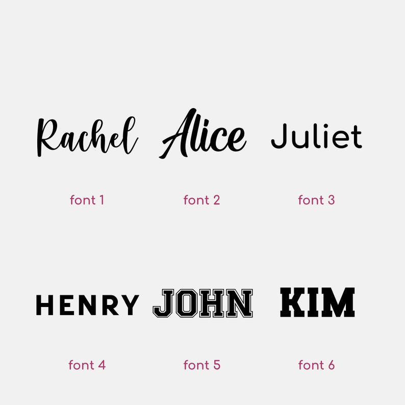 May include: Image featuring six names in different fonts: Rachel, Alice, Juliet, Henry, John, and Kim. Each name is displayed in a unique font style, with the font number labeled below each name. The background is a light gray.