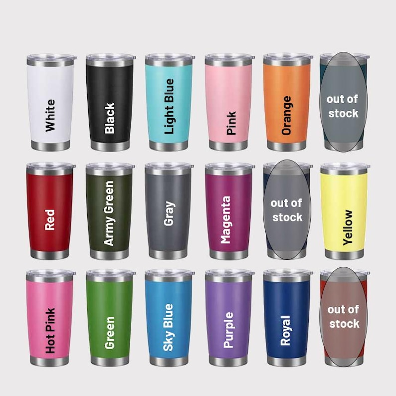 May include: A collection of insulated tumblers in various colors, including white, black, light blue, pink, orange, red, army green, gray, magenta, yellow, hot pink, green, sky blue, purple, and royal blue. Each tumbler has a silver lid and the color name printed on the front.