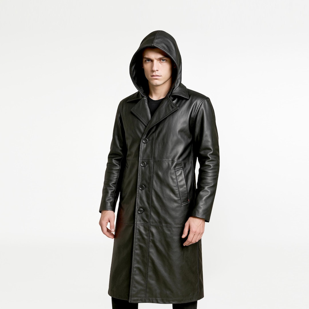 Men's Genuine Leather Hooded Trench Coat | Gothic Duster Overcoat