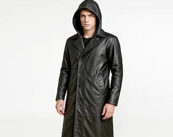 Trench con cappuccio in vera pelle da uomo / soprabito spolverino gotico