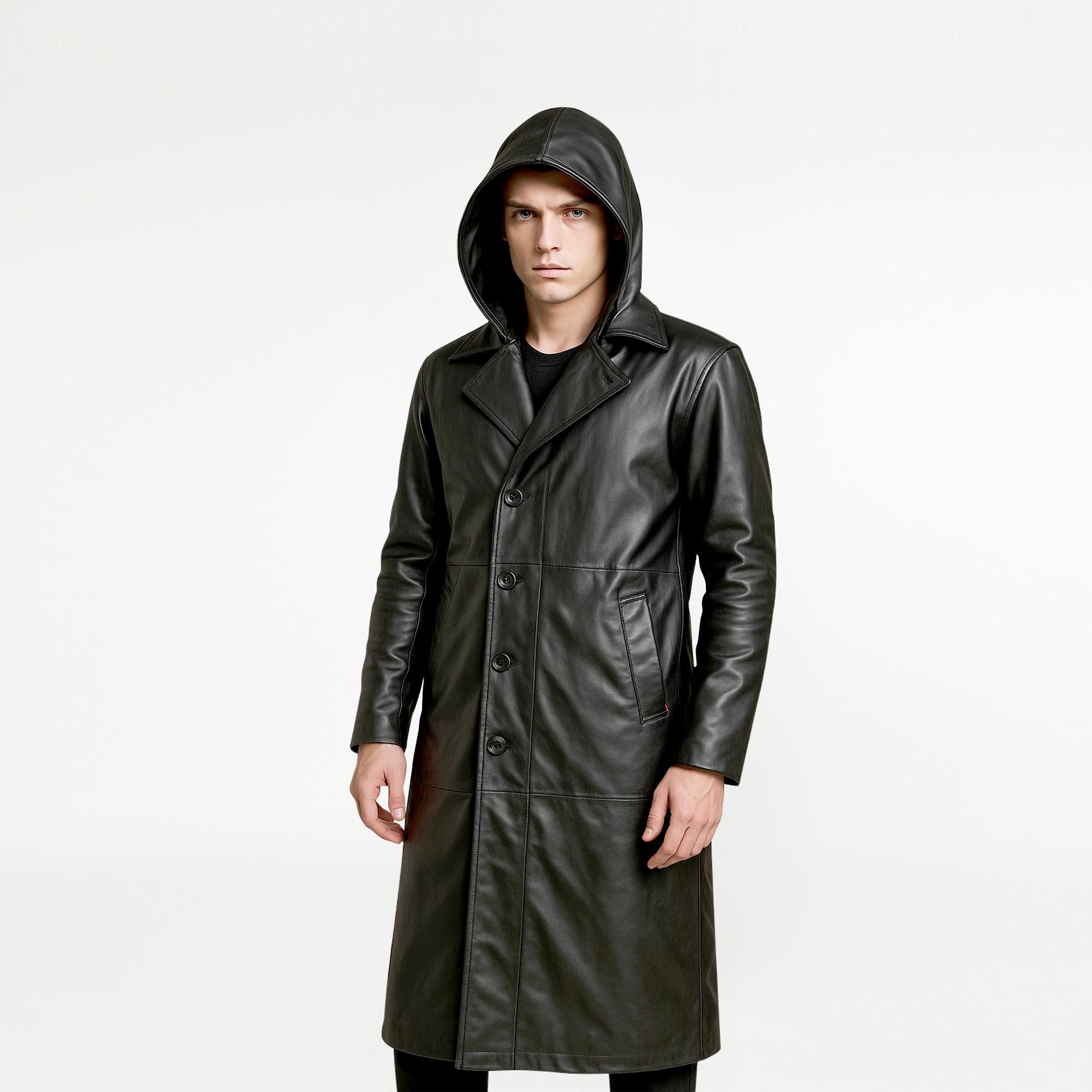 Men's Genuine Leather Hooded Trench Coat | Gothic Duster Overcoat