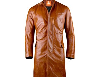 Abrigo de piel auténtica para hombre / Gabardina gótica marrón tostado