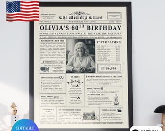 Regalos para el 60.º cumpleaños de 1966 para hombres y mujeres / Plantilla de periódico editable en Canva / Imprimible en EE. UU.