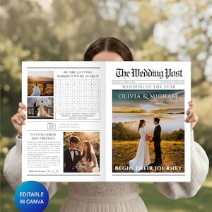Puede incluir: Una persona sostiene un anuncio de boda con temática de periódico. El periódico presenta el titular "The Wedding Post" e incluye fotos, una búsqueda de palabras y el texto "Wedding of the Year: Olivia & Michael". La parte inferior del periódico dice "Begin Their Journey".