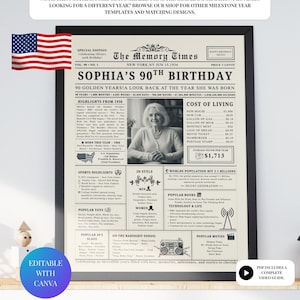 May include: A framed black and white poster titled "The Memory Times" celebrating Sophia's 90th birthday. The poster includes highlights from 1936, cost of living, and popular culture information. An American flag is in the upper left corner.