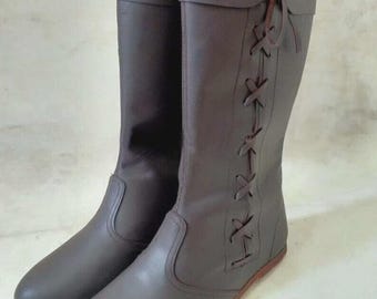 Medieval Leather Boots renaissence Viking Pirate Boots Mans Brown Long Shoes